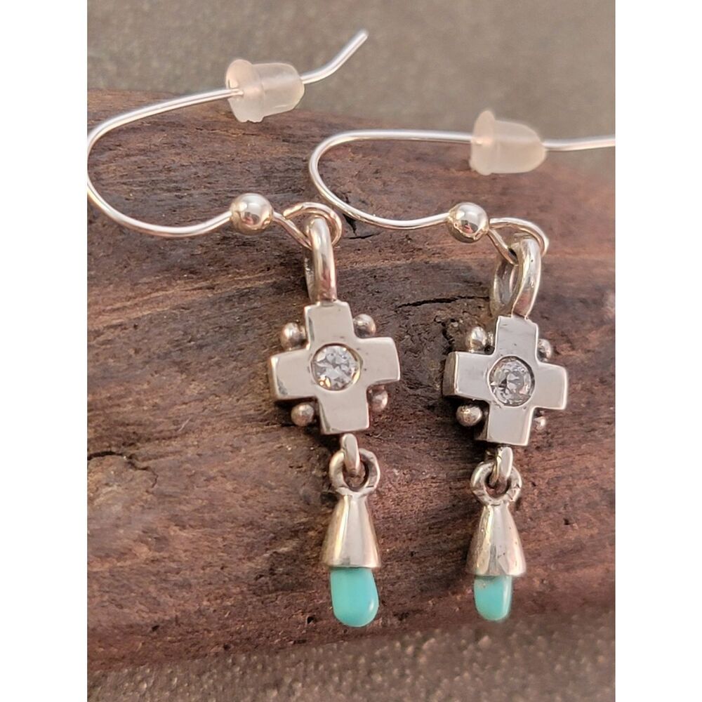 Barse Sterling Silver Cross Turquoise & CZ Earrings NEW! - Picture 2 of 4